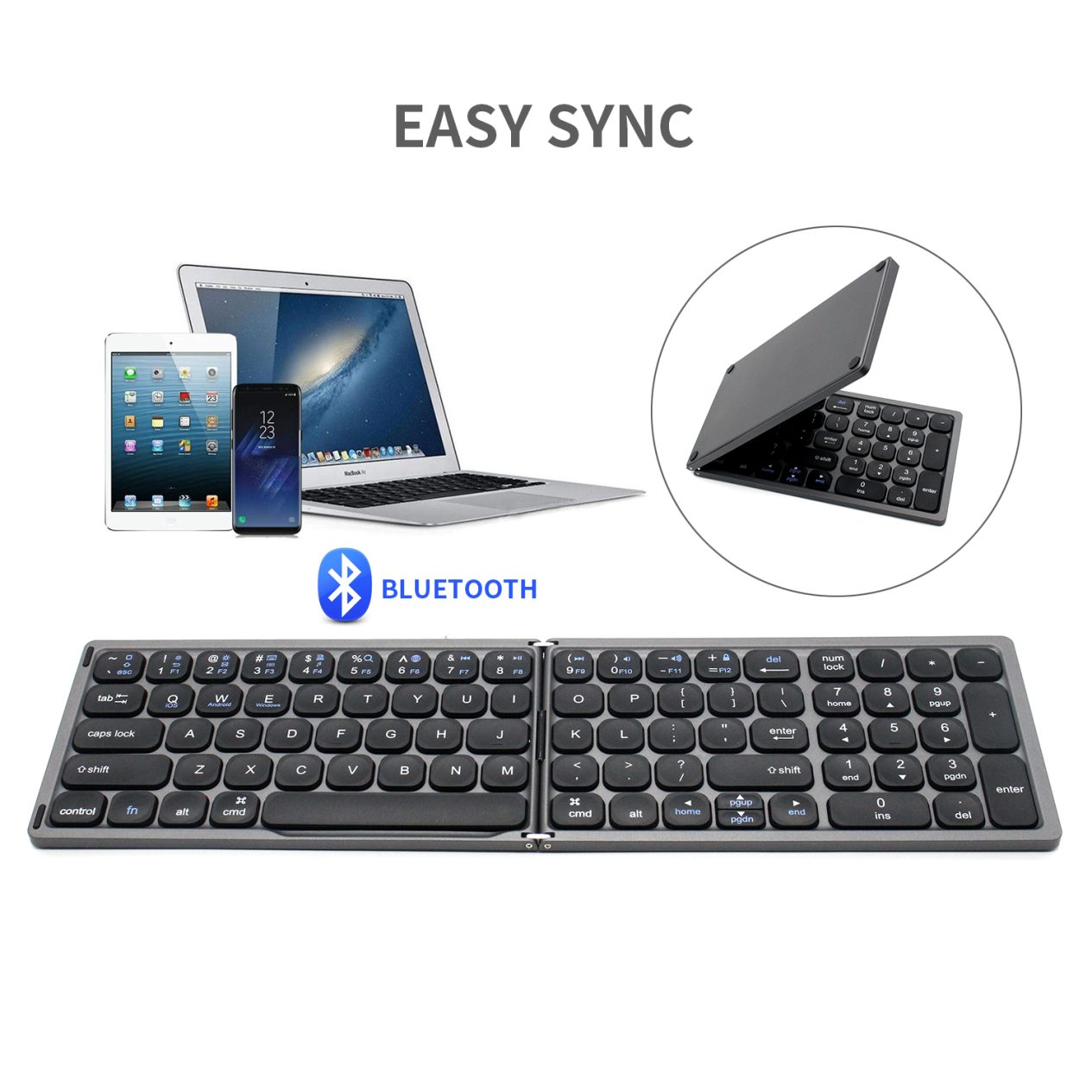 跨境热卖折叠蓝牙键盘 带独立数字键盘区 无线超薄蓝牙全尺寸便携折叠键盘